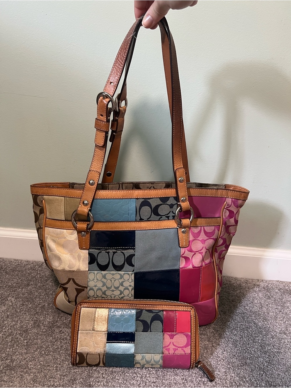 Vintage Y2K Coach Patchwork Shoulder Bag and Wallet Multicolor Pink Blue Purse